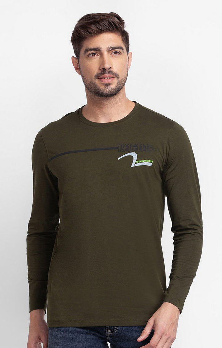 Spykar Rifle Green Cotton Full Sleeve Printed Casual T-Shirt For Men