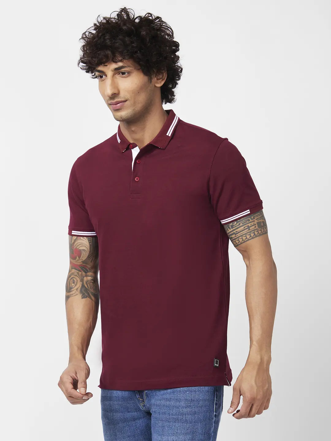 Spykar Men Wine Red Blended Slim Fit Half Sleeve Polo Neck Plain Tshirt