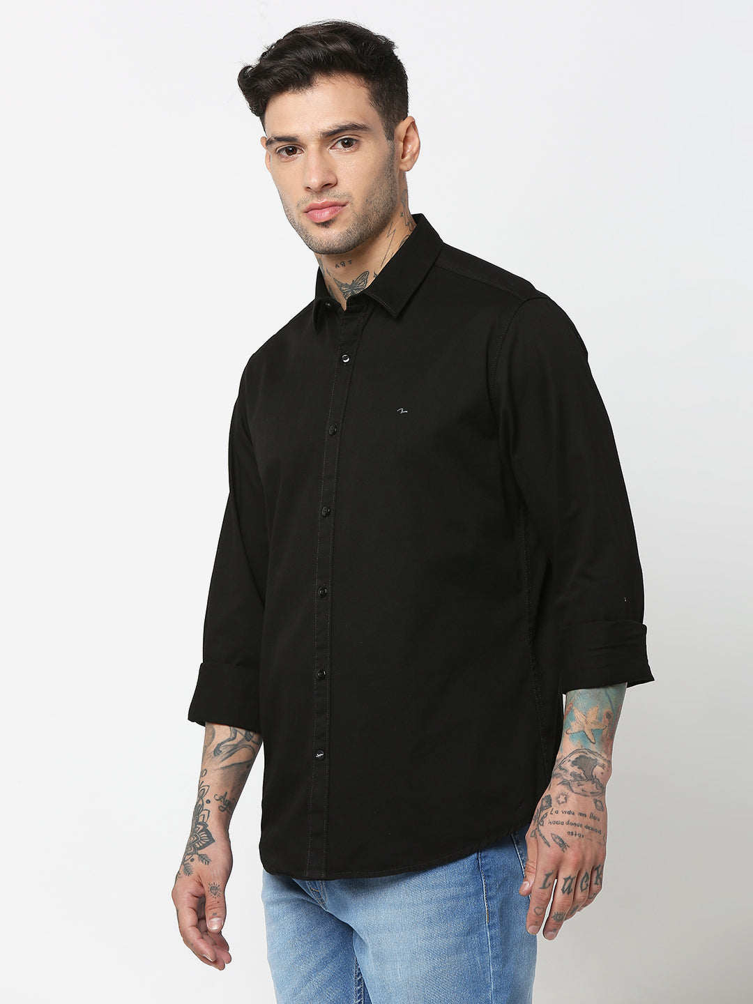 Spykar Men Black Cotton Slim Fit Plain Shirts