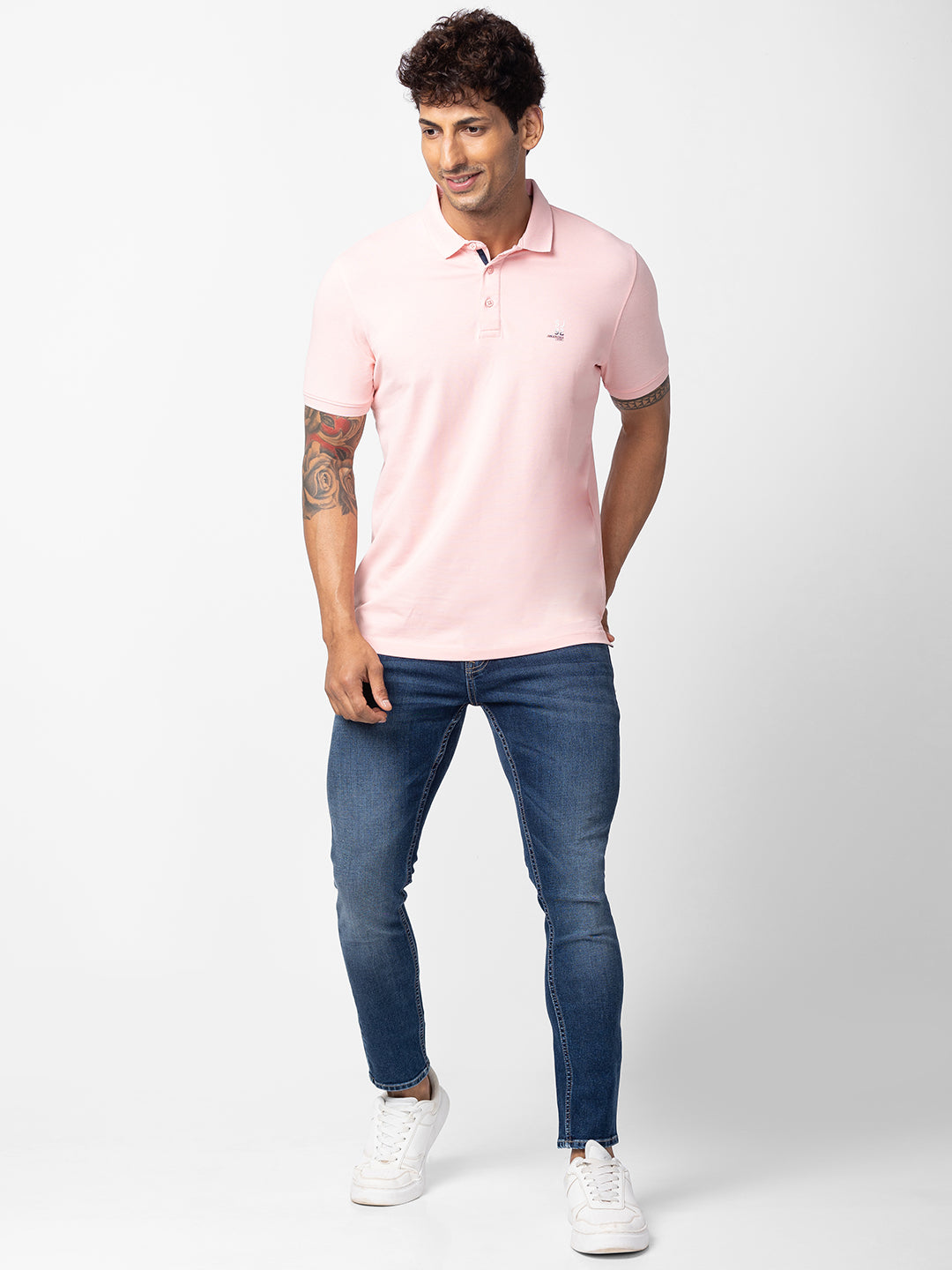 Spykar Men Light Peach Cotton Regular Fit Half Sleeve Plain Polo T-Shirt