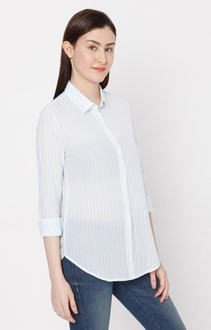 Spykar Women Sky Blue Cotton Regular Fit Striped Shirt