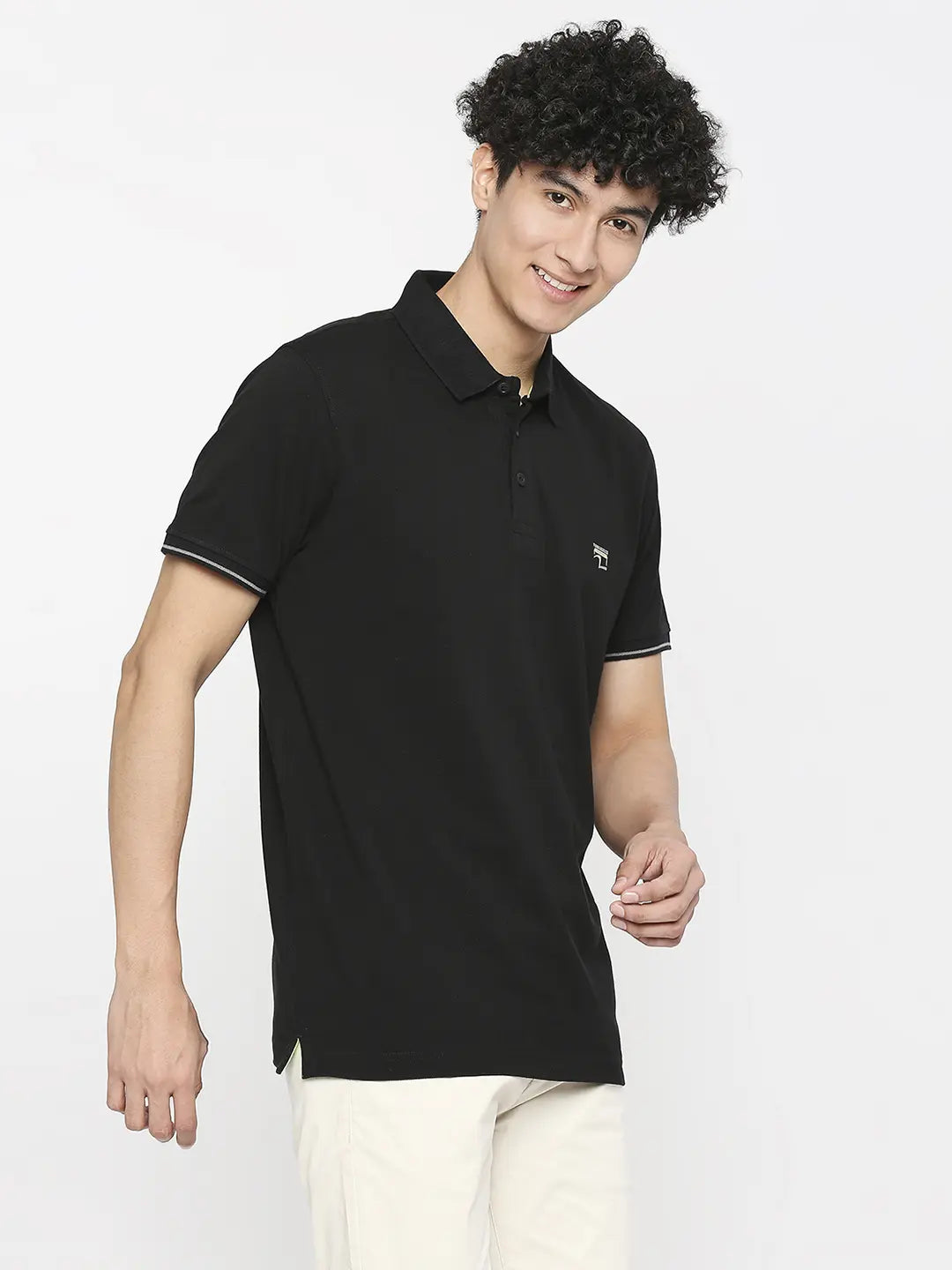 Spykar Men Black Cotton Slim Fit Plain Polo Neck Tshirt