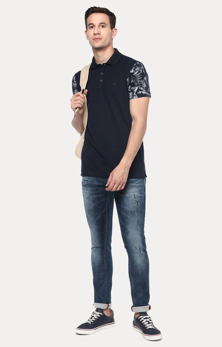 Spykar Navy Blue Solid Slim Fit Polo T-Shirt