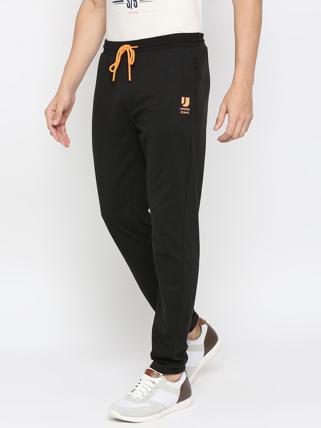 Men Premium Cotton Blend Black Trackpant- Underjeans By Spykar