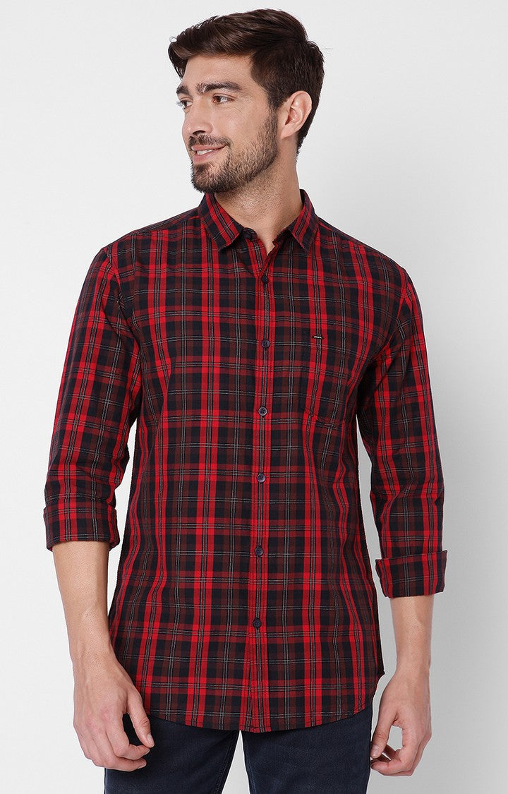 Spykar Men'S Red Cotton Checked Casual Shirts