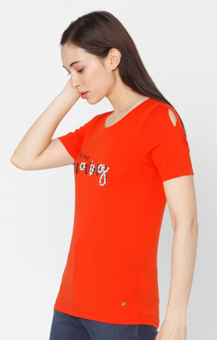 Spykar Women Orange Cotton Slim Fit Round Neck T-Shirt