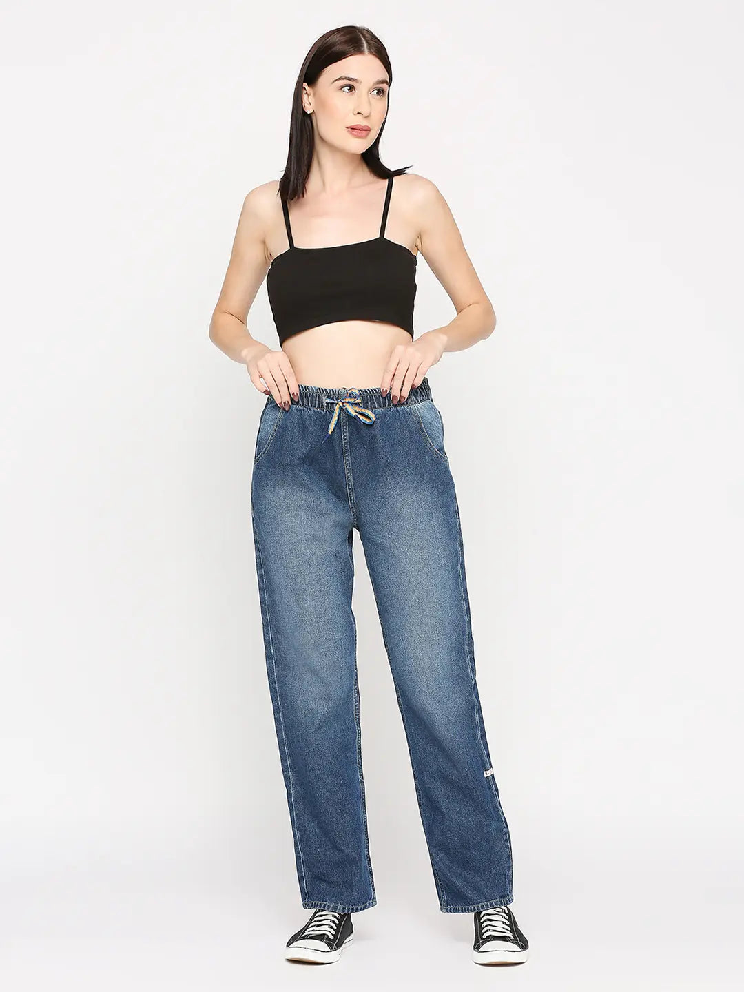 Spykar Women Mid Blue Cotton Straight Fit Regular Length Clean Look High Rise Jeans - (Bella)