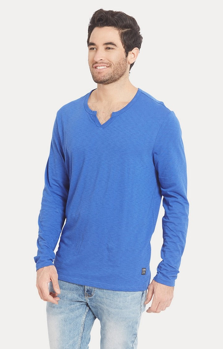 Spykar Blue Slub Jersey Slim Fit T-Shirt For Men