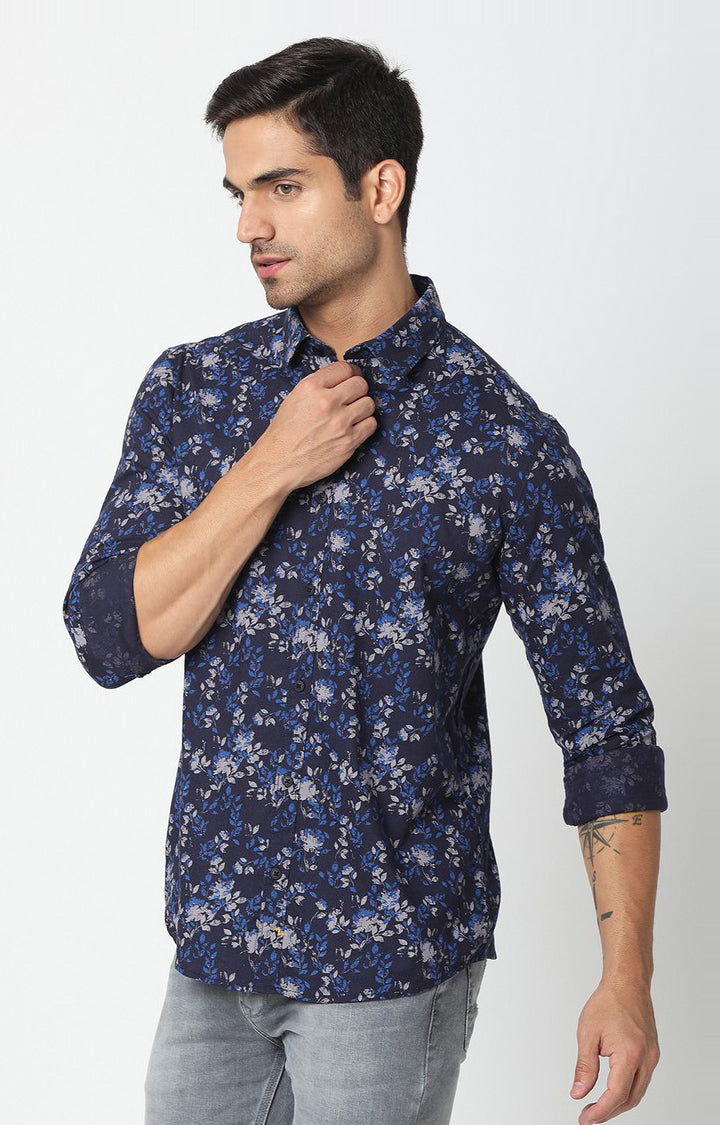 Spykar Men Blue Cotton Floral Print M and arin Collar Shirt