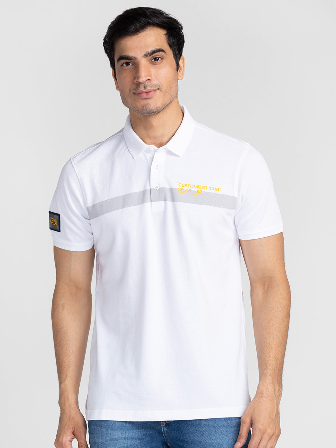 Spykar Men White Cotton Slim Fit Polo Printed T-Shirt