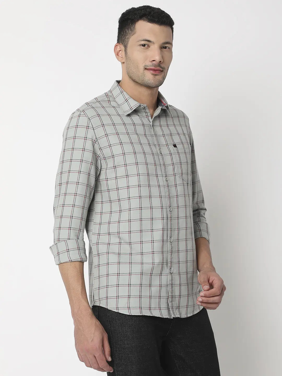 Spykar Men Grey Cotton Slim Fit Checkered Shirt