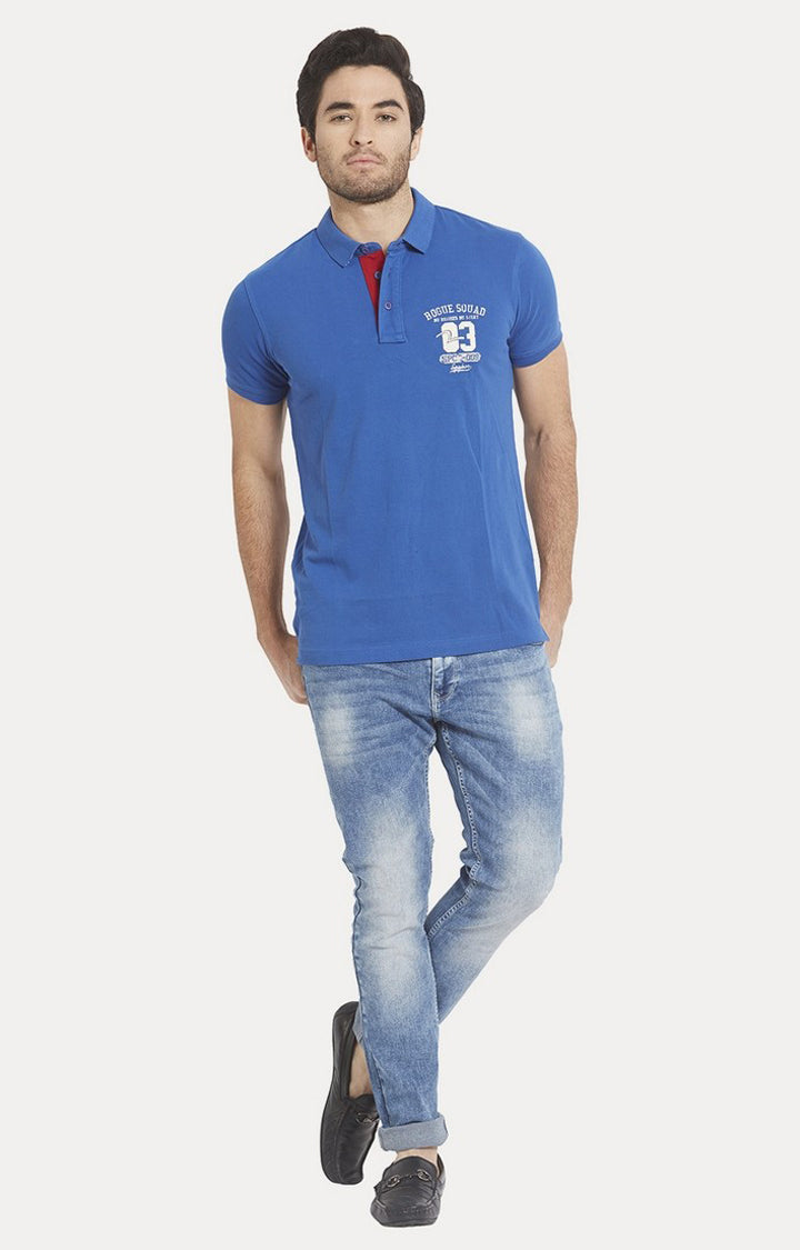 Spykar Blue Solid Slim Fit Polo T-Shirt