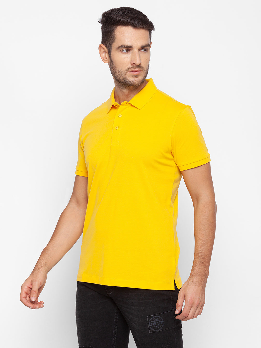 Spykar Men Yellow Cotton Slim Fit Polo T-Shirt