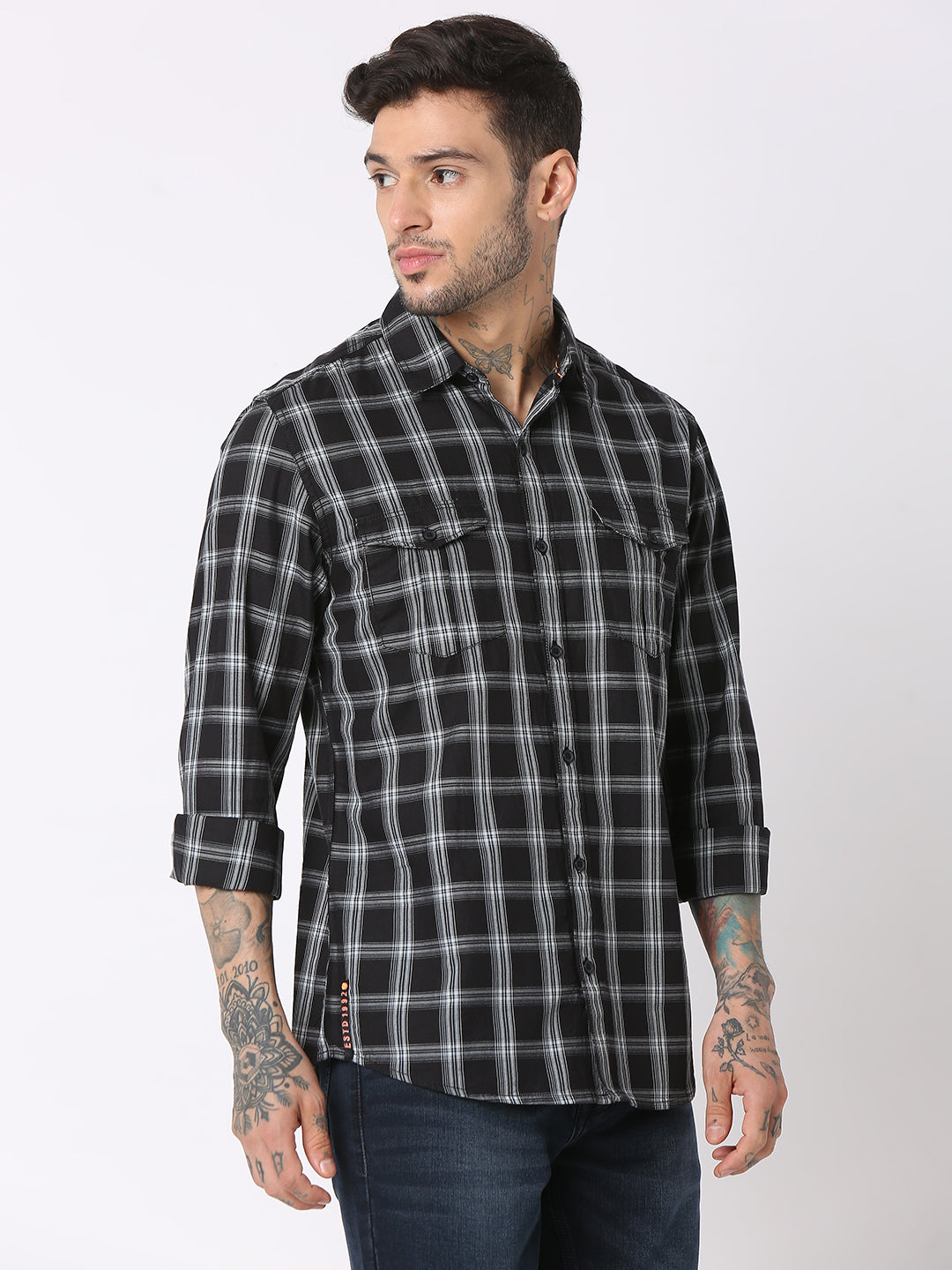 Spykar Men Black Cotton Regular Fit Checkered Shirts