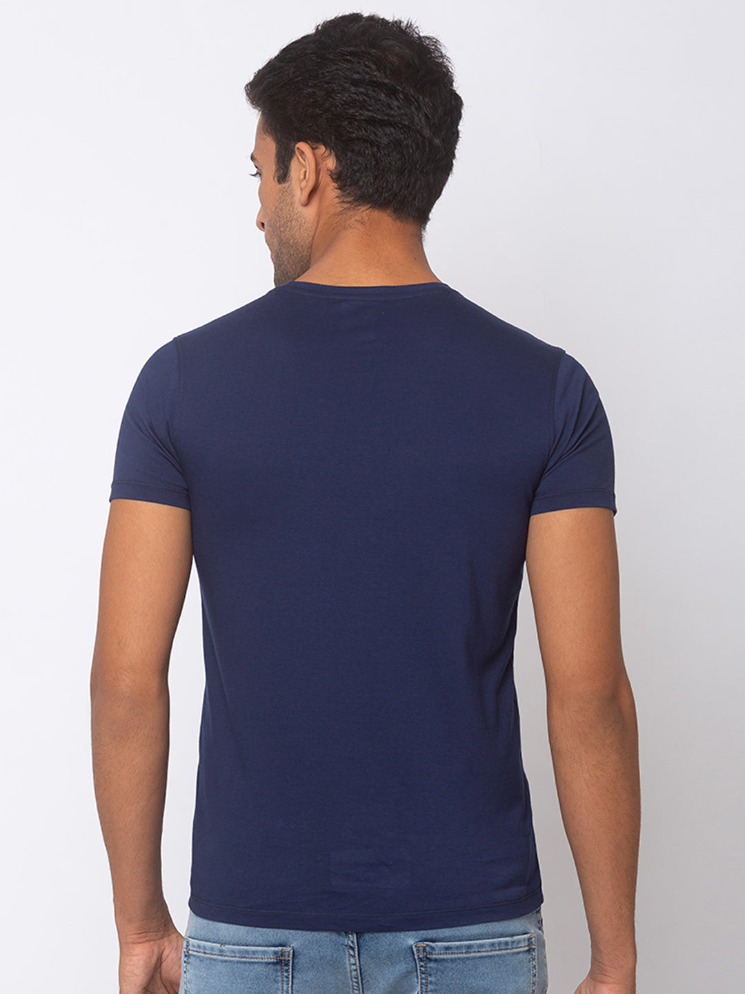 Spykar Men Blue Cotton Slim Fit Round Neck T-Shirt