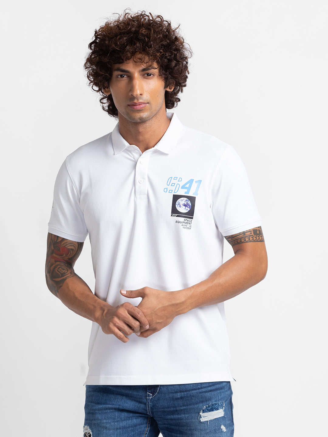 Spykar White Cotton Half Sleeve Plain Polo T-Shirt For Men