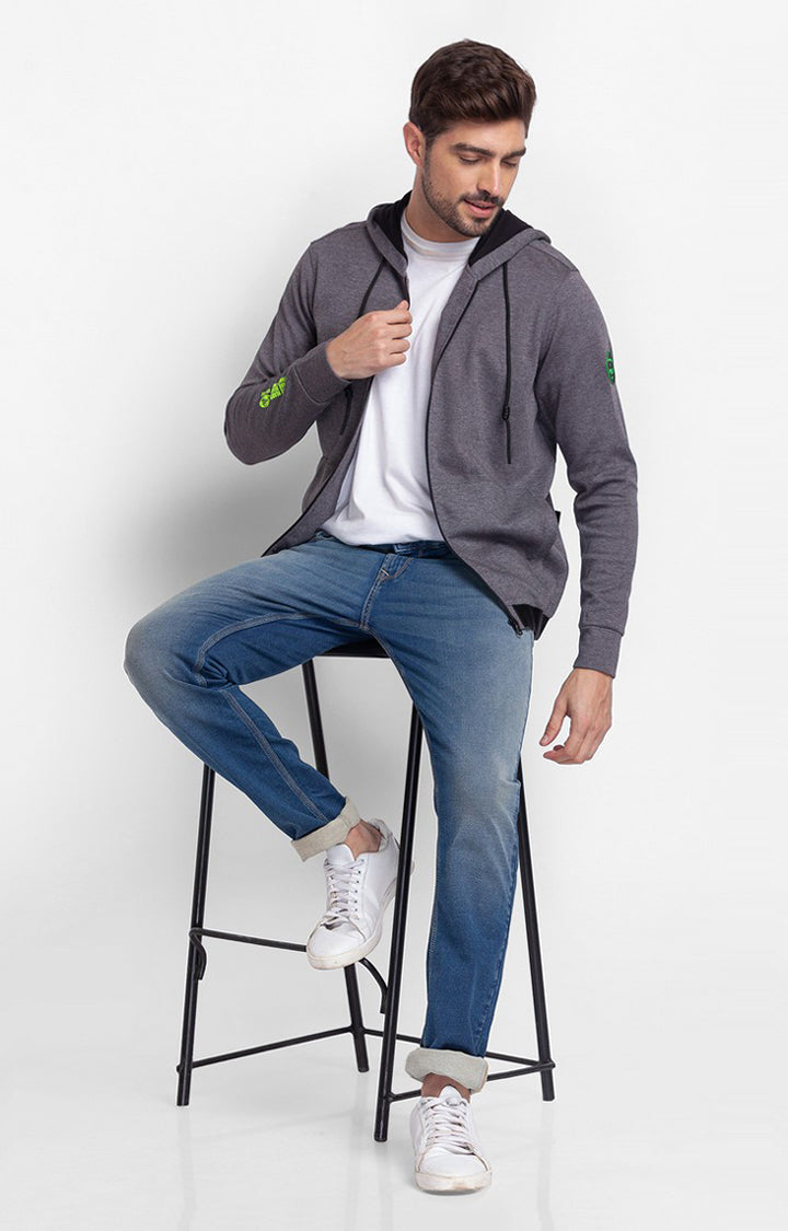 Spykar Anthra Melange Cotton Full Sleeve Hooded Sweatshirt For Men