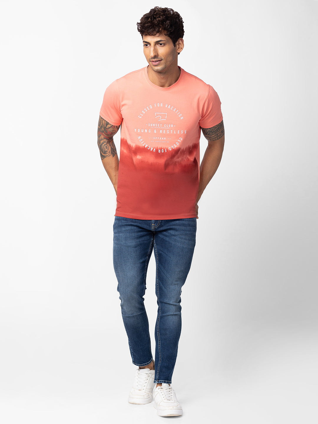 Spykar Men Peach Cotton Regular Fit Half Sleeve Printed T-Shirt