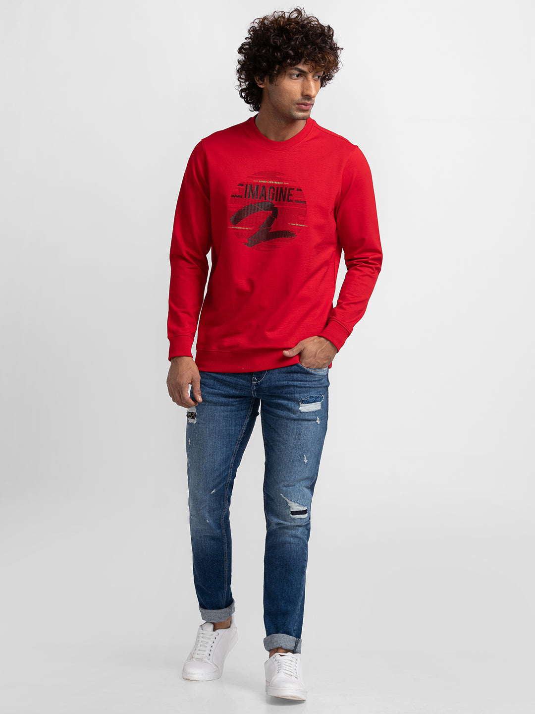 Spykar True Red Cotton Full Sleeve Round Neck Sweatshirt For Men