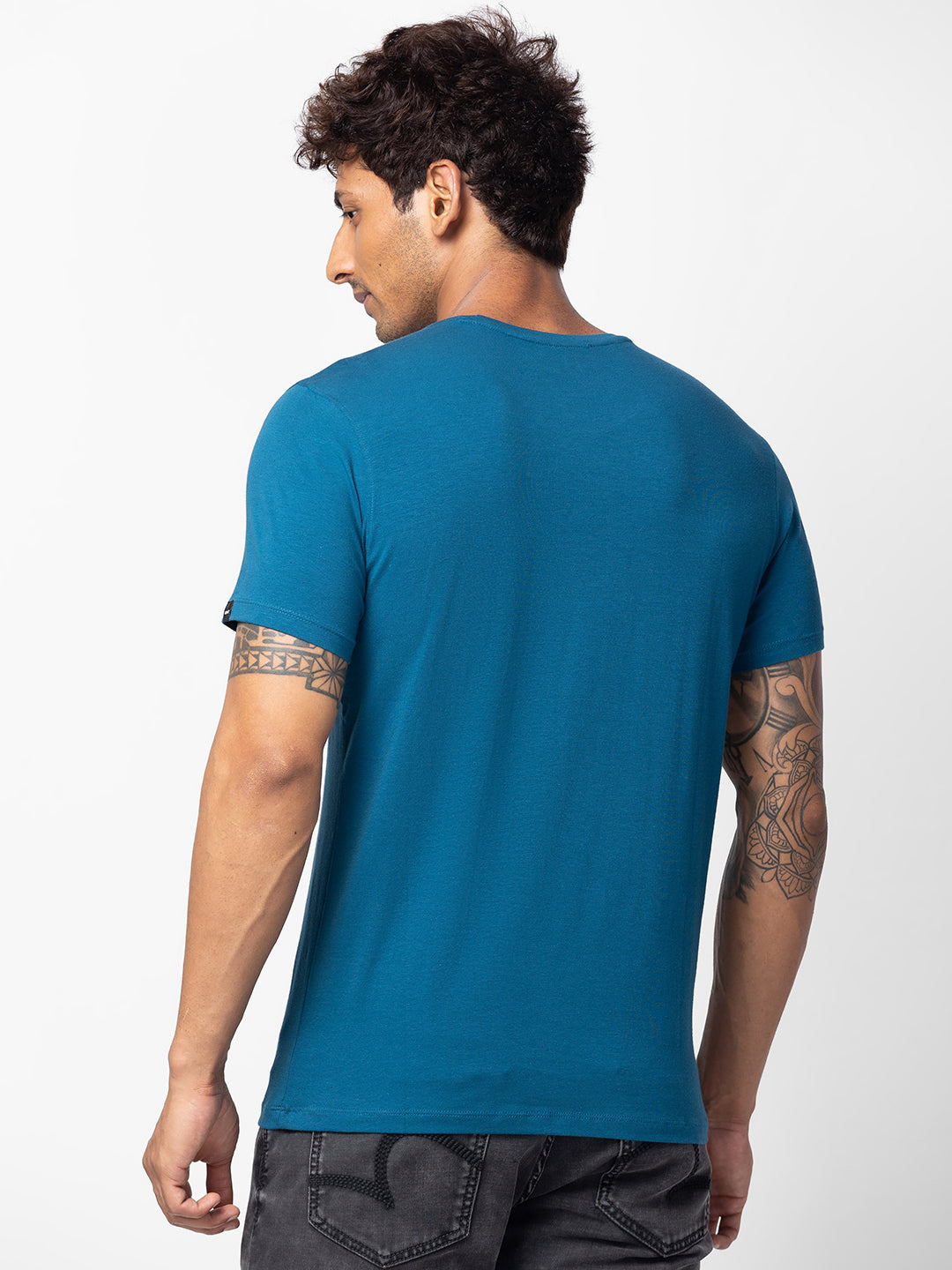 Spykar Men Light Teal Blue Cotton Regular Fit Half Sleeve Printed T-Shirt