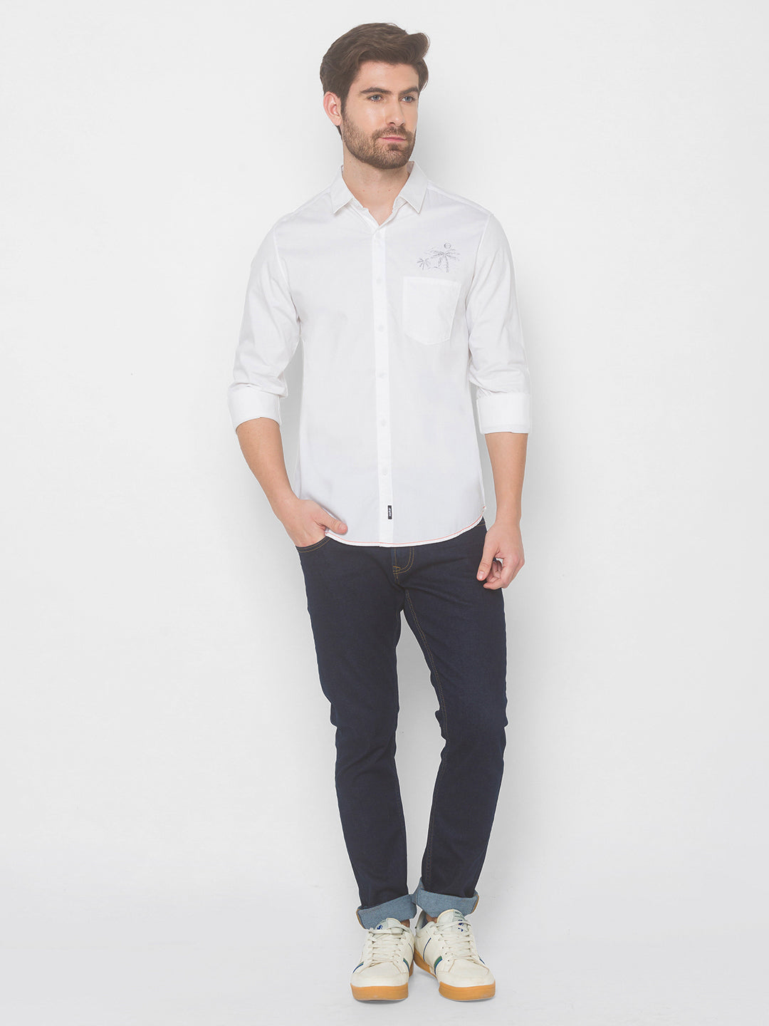 Spykar Men White Cotton Slim Fit Shirt