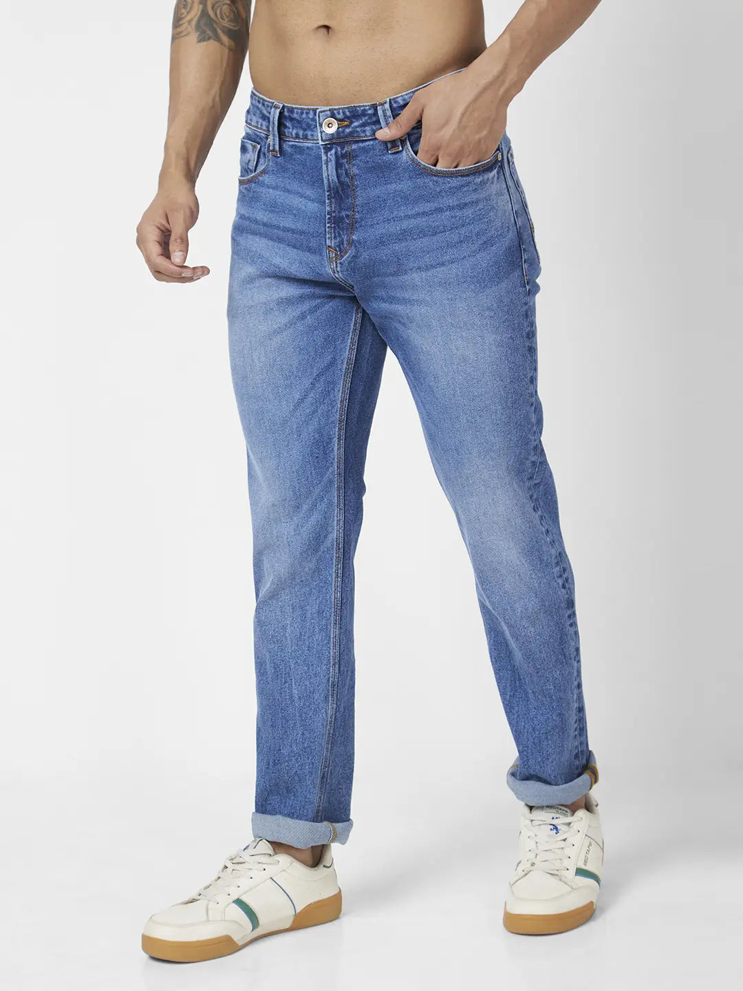 Spykar Men Mid Blue Cotton Stretch Comfort Fit Straigth Length Clean Look Mid Rise Jeans (Ricardo)