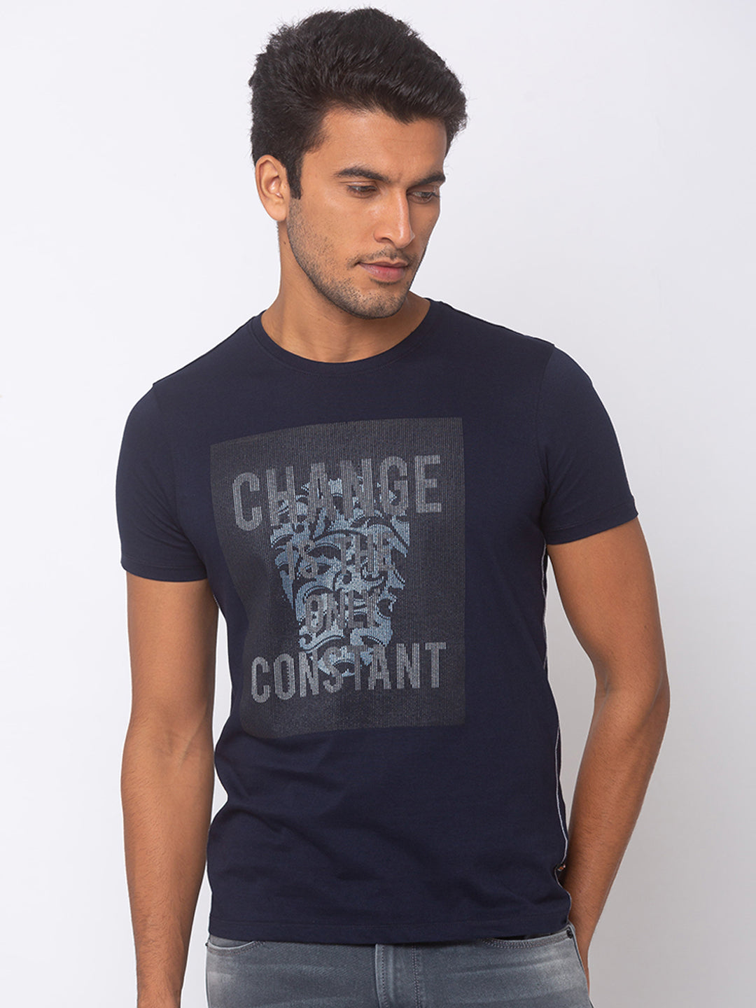 Spykar Men Blue Cotton Slim Fit Round Neck T-Shirt