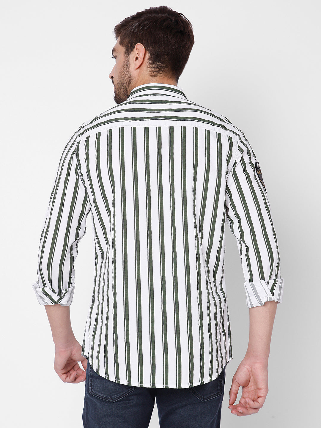 Spykar Green Cotton Slim Fit Stripe Shirts For Men