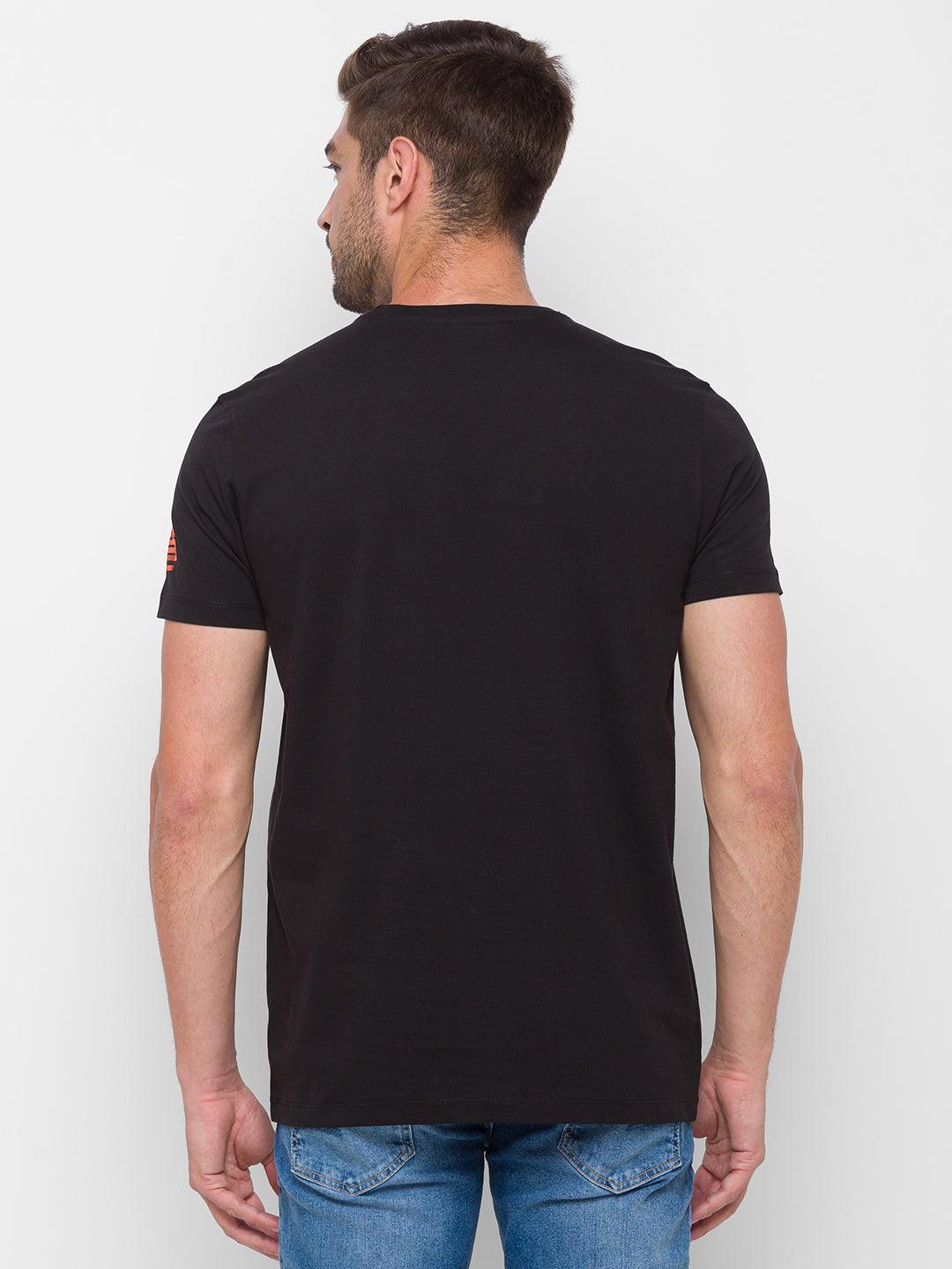 Spykar Men Black Cotton Slim Fit Round Neck T-Shirt