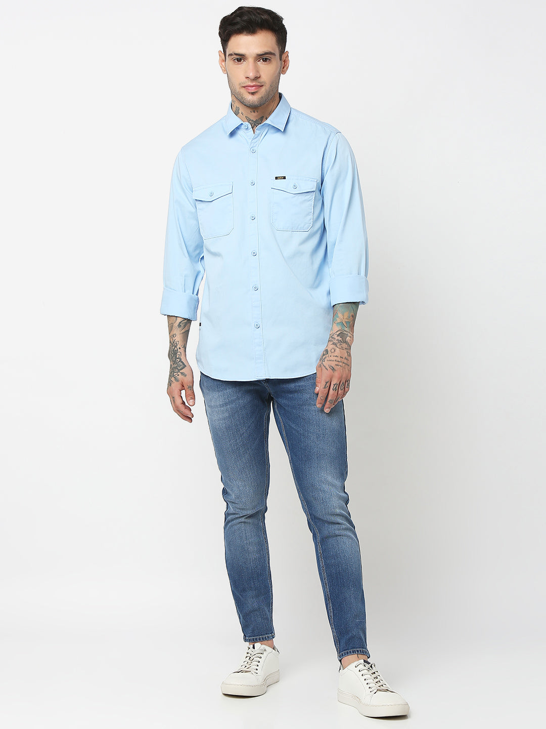 Spykar Men Light Blue Cotton Slim Fit Plain Shirts