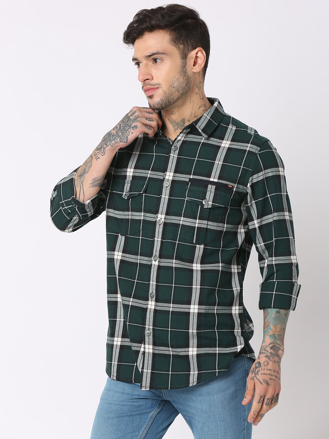 Spykar Men Bottle Green Cotton Regular Fit Checkered Shirts