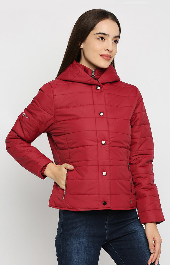 Spykar Women Red Cotton Regular Fit Hoodie Jacket