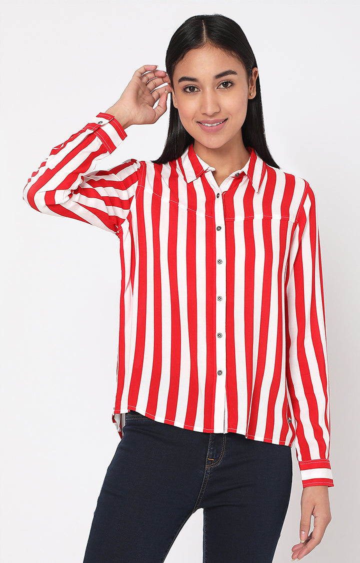 Spykar Red Viscose Striped Full Sleeve Shirts