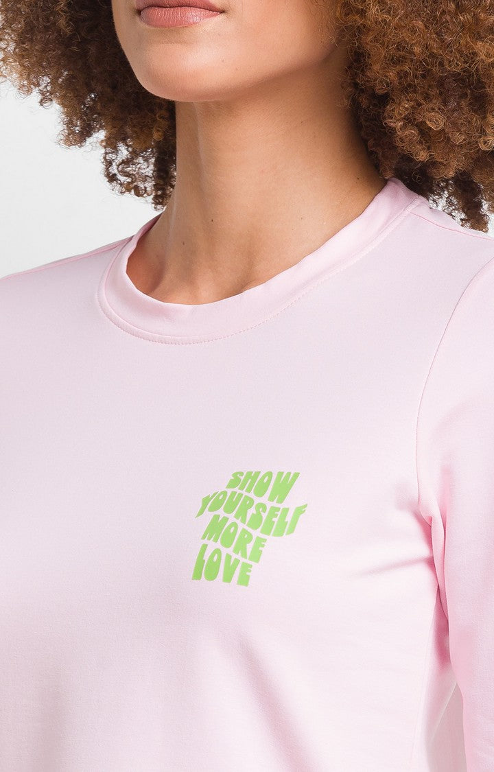 Spykar Pink Cotton Blend Full Sleeve Plain Casual T-Shirts For Women