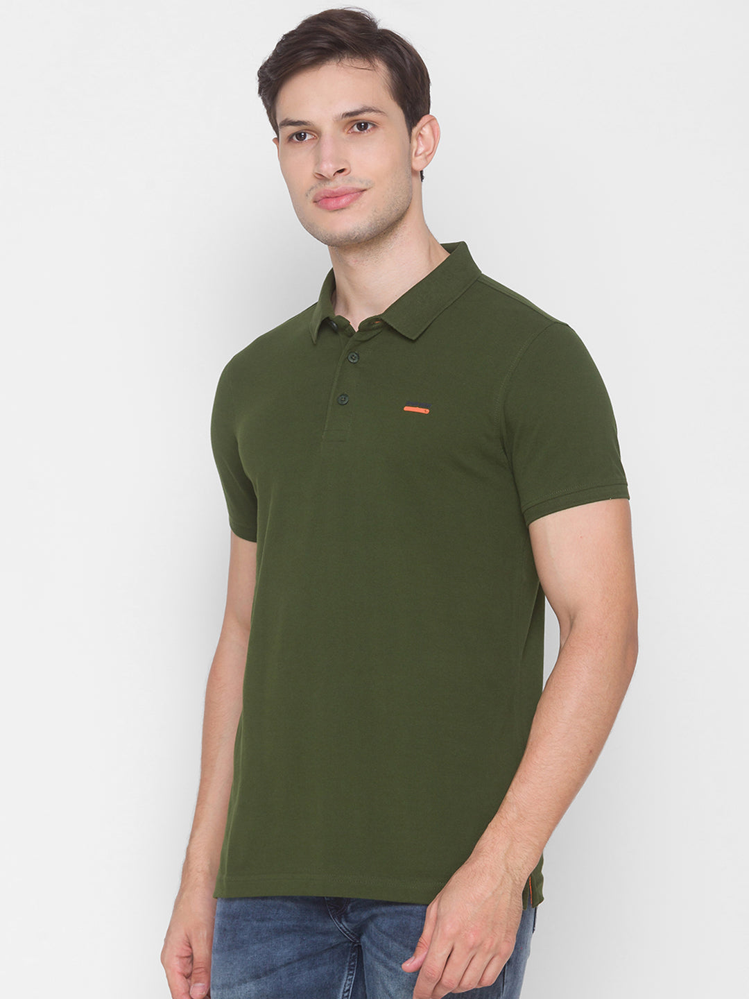 Spykar Men Green Cotton Slim Fit Round Neck Polo T-Shirt