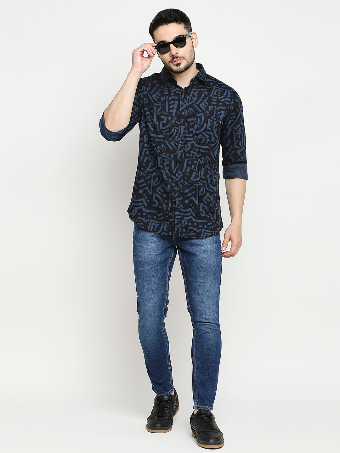 Spykar Navy Blue Cotton Full Sleeve Printed Shirt For Men