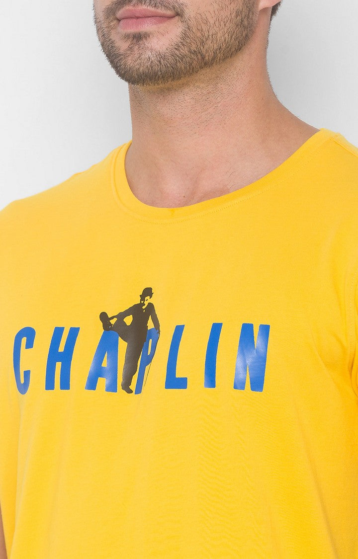 Charlie Chaplin Spykar Men Chrome Yellow Cotton Slim Fit Round Neck Printed T-Shirt