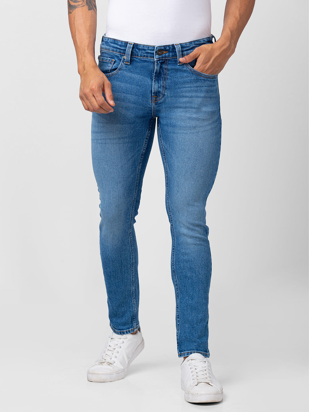 Spykar Men Mid Blue Cotton Stretch Super Slim Fit Tapered Length Jeans (Super Skinny)