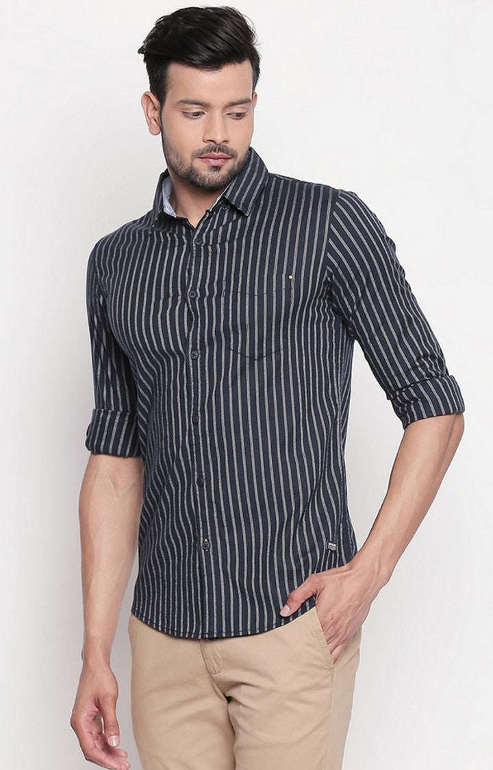 Spykar Men Navy Striped Regular Fit Casual Shirt