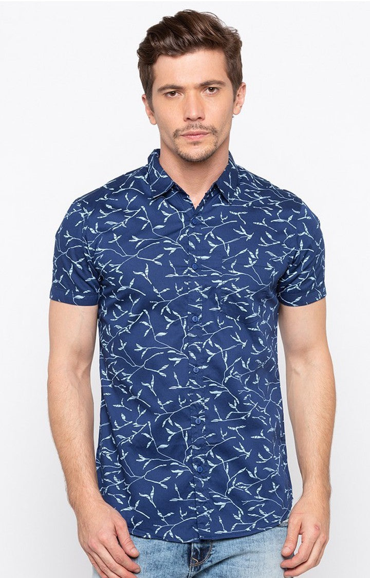 Spykar Men'S Blue Cotton Printed Casual Shirts