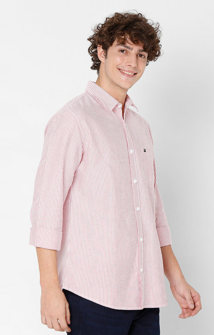 Spykar Slim Fit Red Striped Full Sleeve Shirts For Men