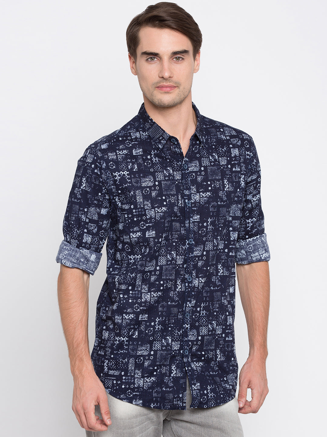 Spykar Men Blue Printed Slim Fit Casual Shirt