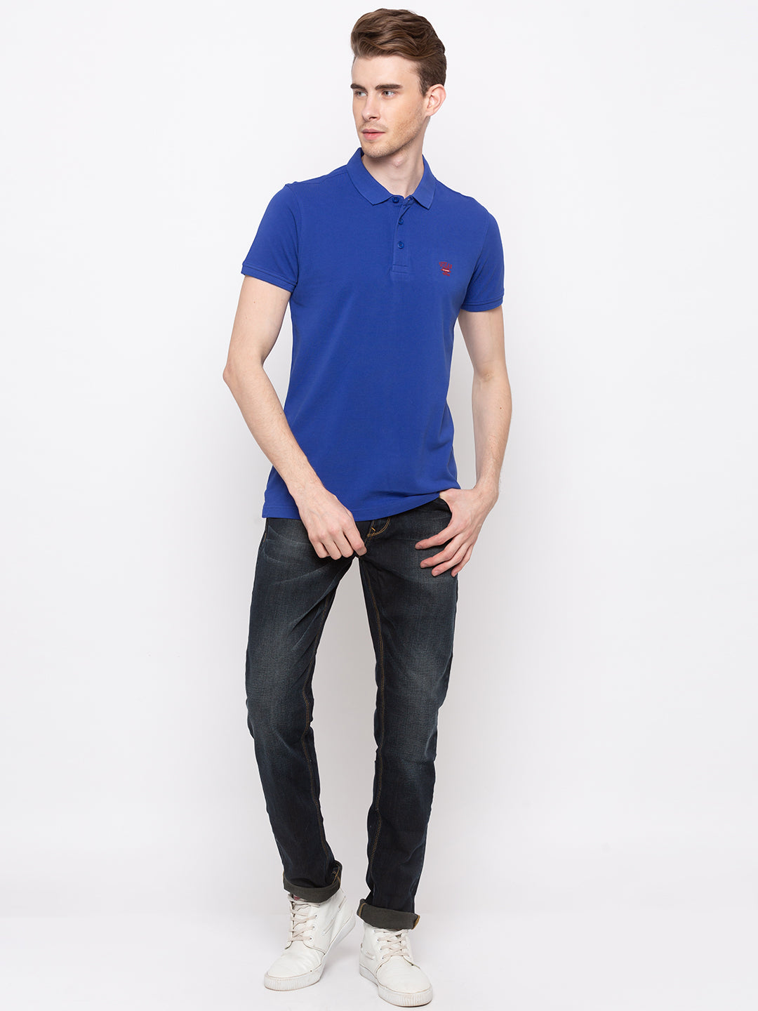 Spykar Men Blue Cotton Slim Fit Polo T-Shirt