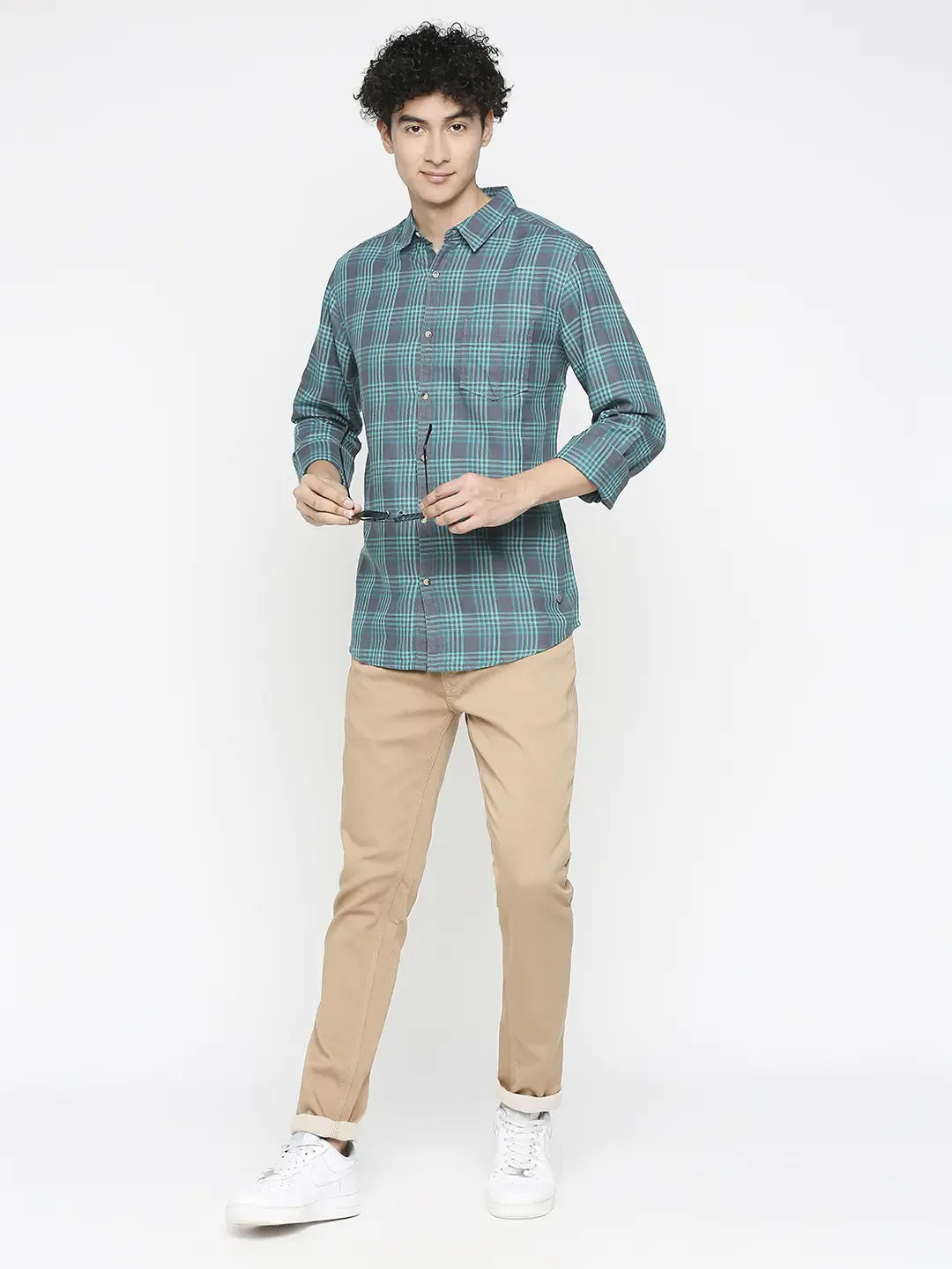 Spykar Men Mint Blue Cotton Slim Fit Checkered Shirt