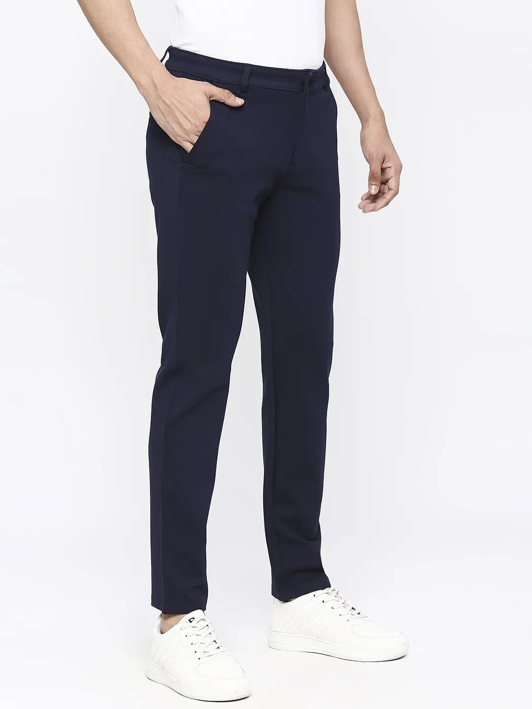 Spykar Men Navy Blue Cotton Slim Fit Ankle Length Trousers