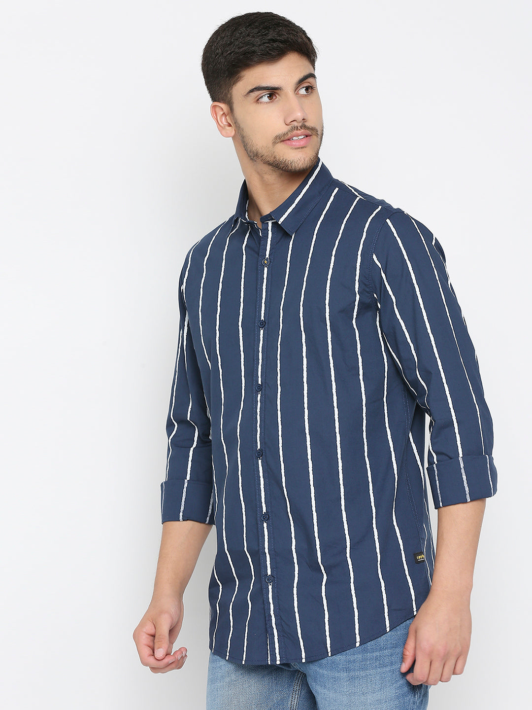 Spykar Navy Blue Cotton Full Sleeve Stripes Shirt For Men