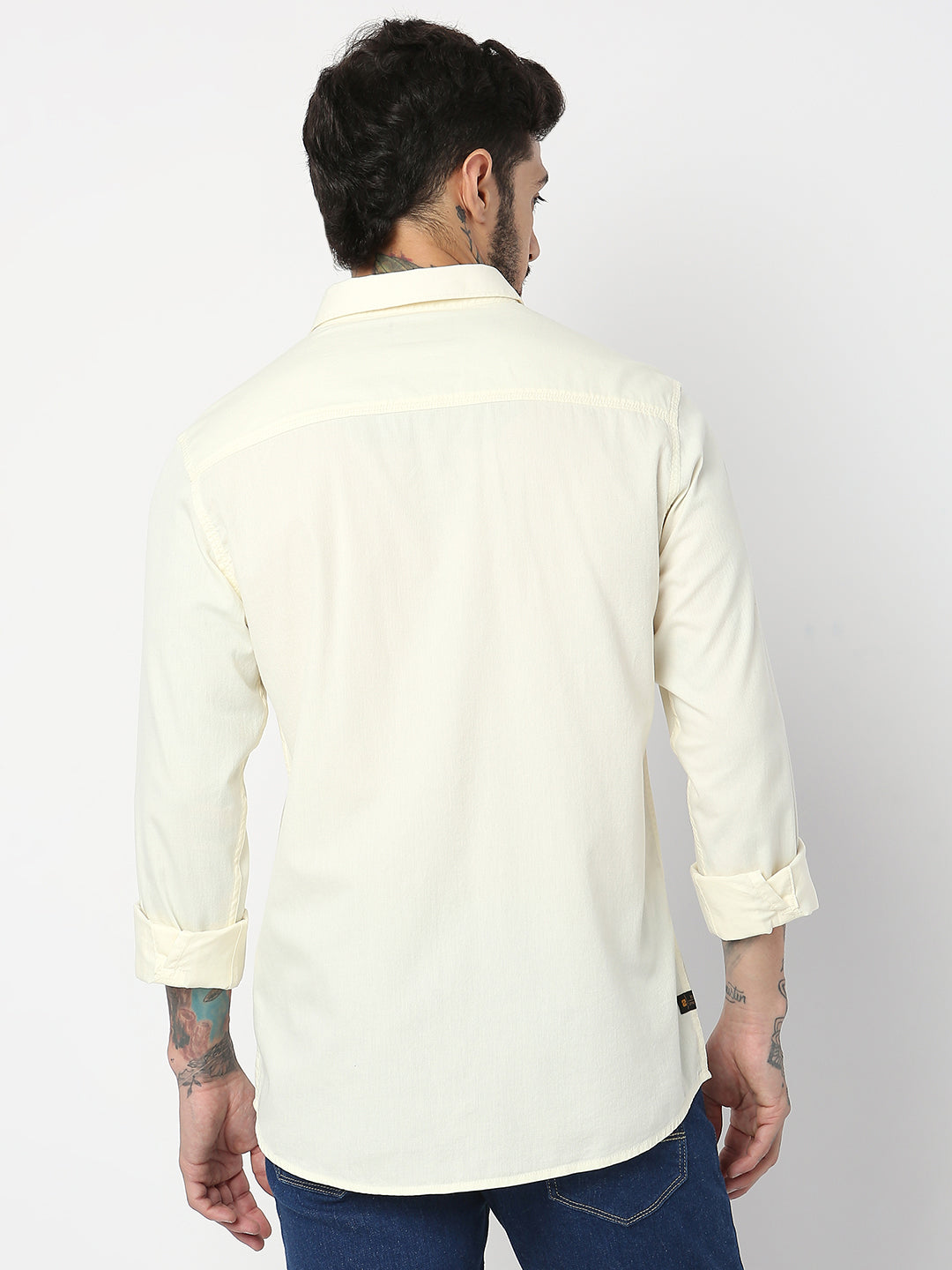 Spykar Men Off White Cotton Slim Fit Plain Shirts