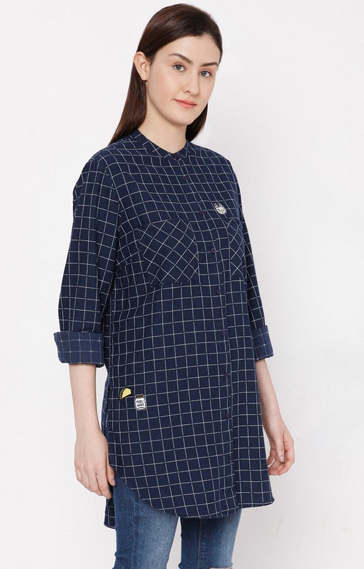 Spykar Women Navy Blue Cotton Regular Fit Checkered Shirt