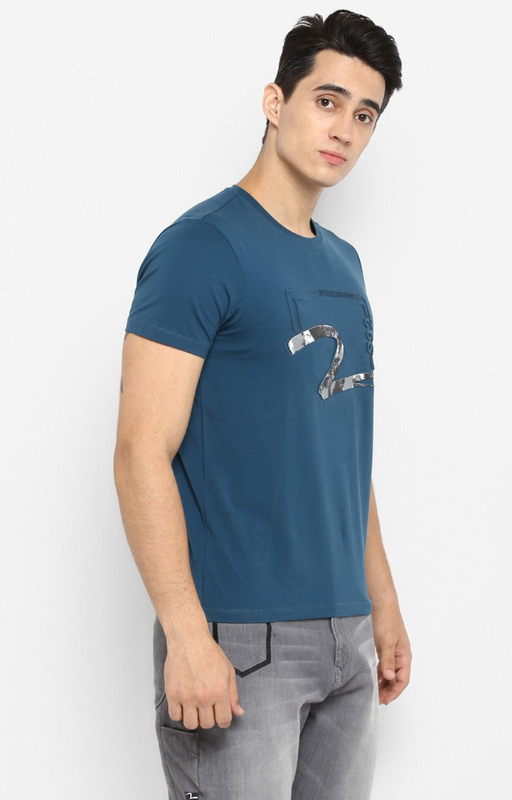 Spykar Teal Printed Slim Fit Men T-Shirts