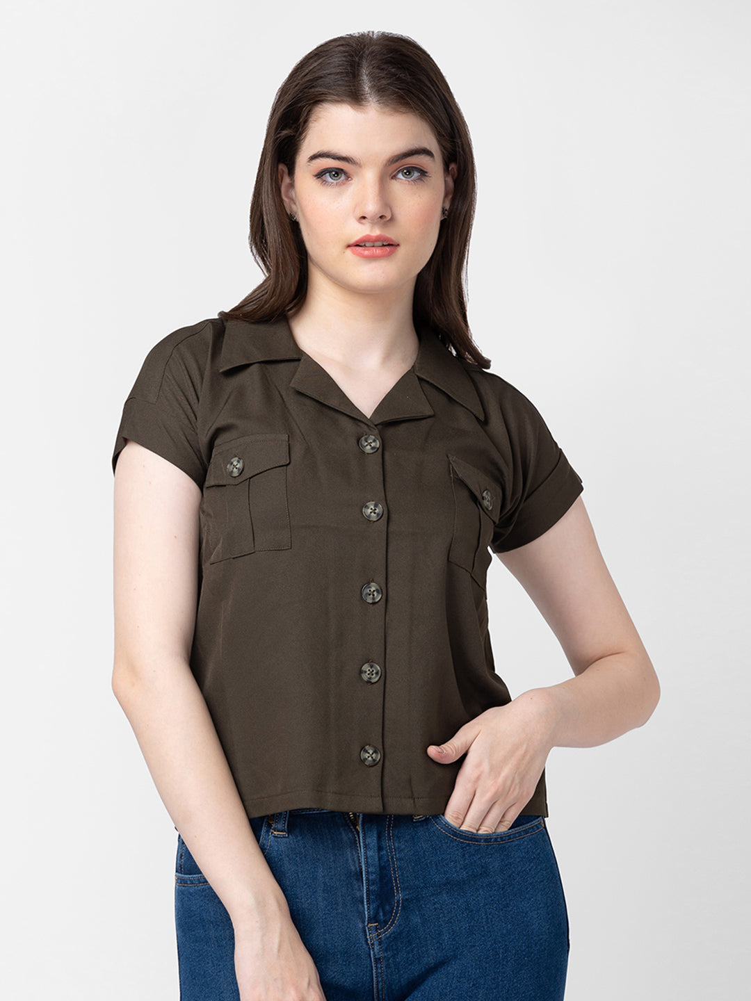 Spykar Women Olive Cotton Slim Fit Half Sleeve Plain Shirts